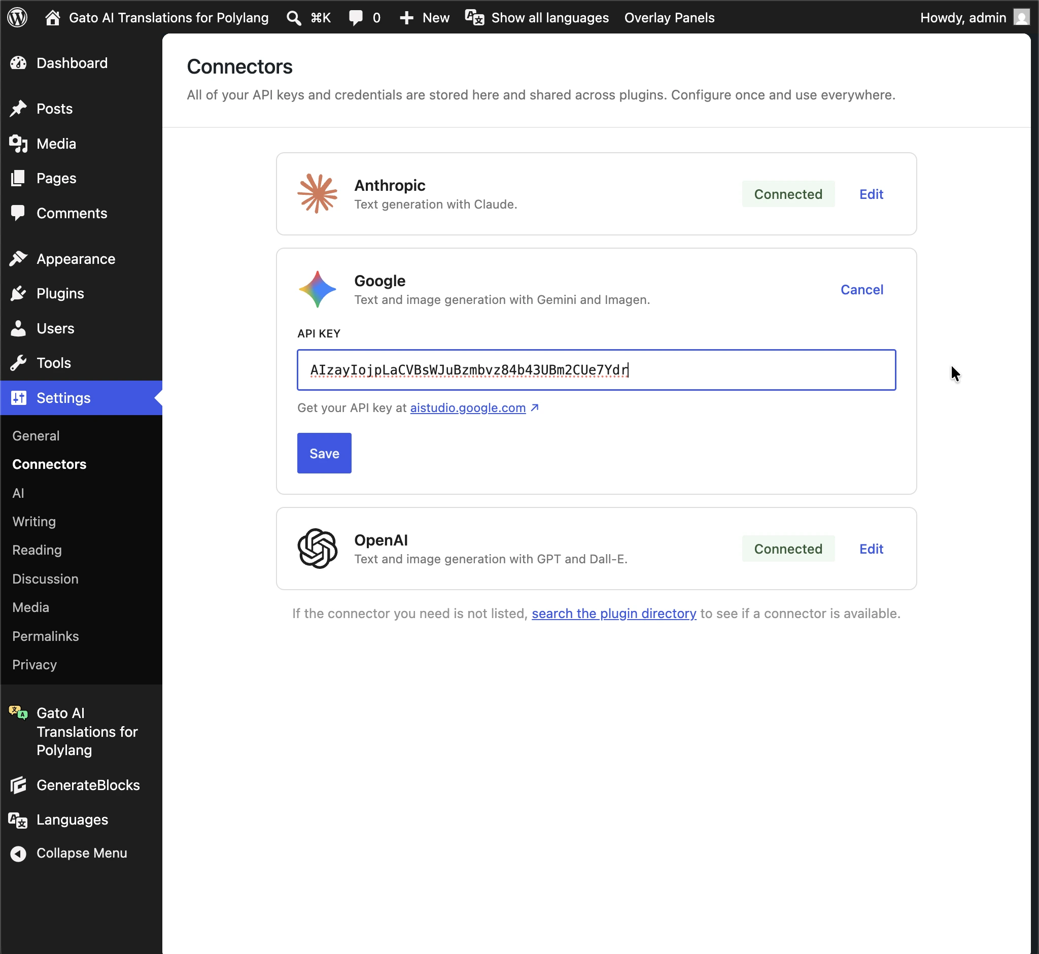 Khóa API cho Anthropic, Google và OpenAI được lấy từ WordPress AI Connectors