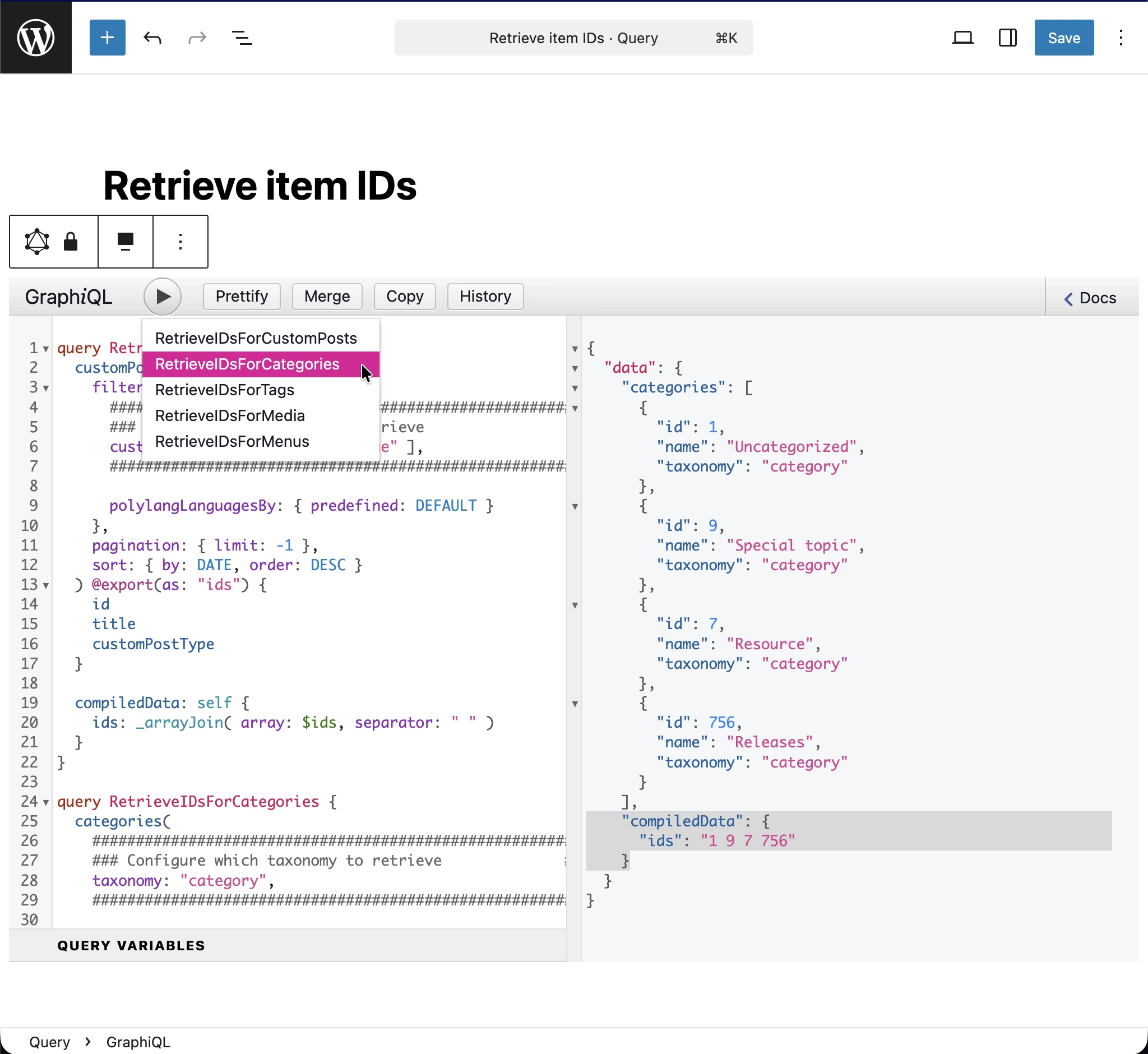 Thực thi query 'Retrieve item IDs'