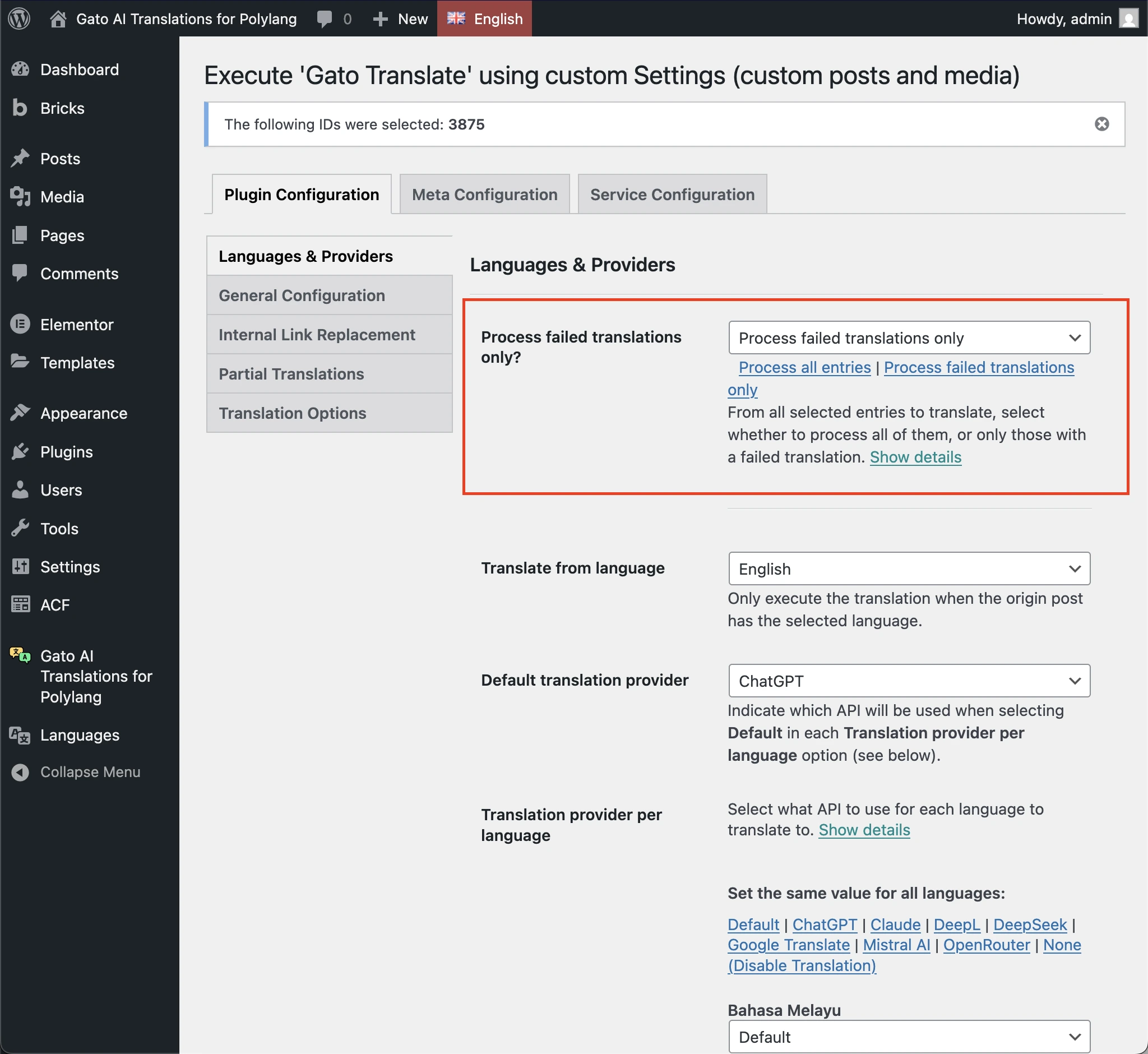 Chọn tùy chọn 'Process failed translations only' trong trang Settings 'Gato Translate (Custom)'