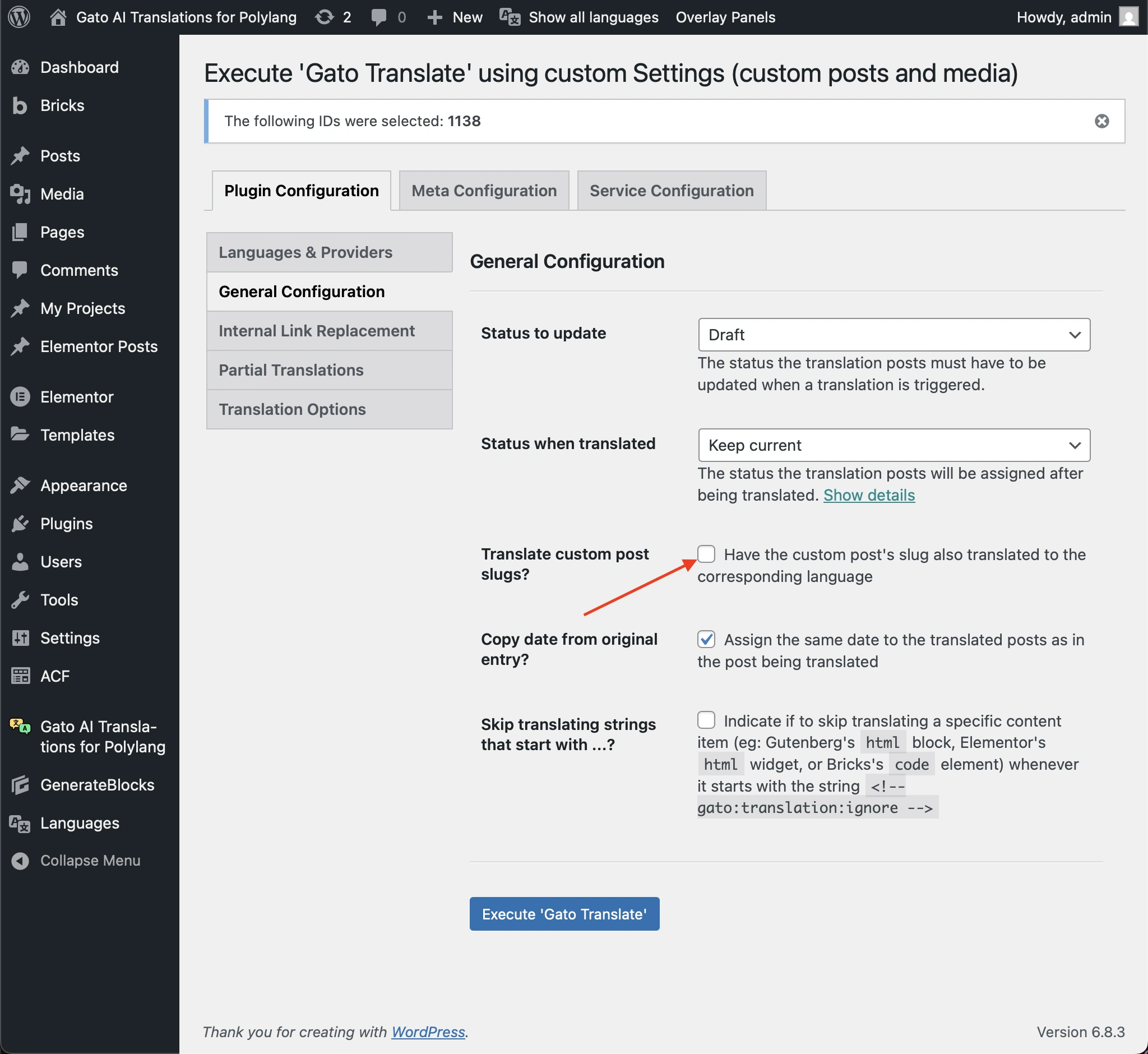 Bỏ chọn tùy chọn 'Translate custom post slugs?'