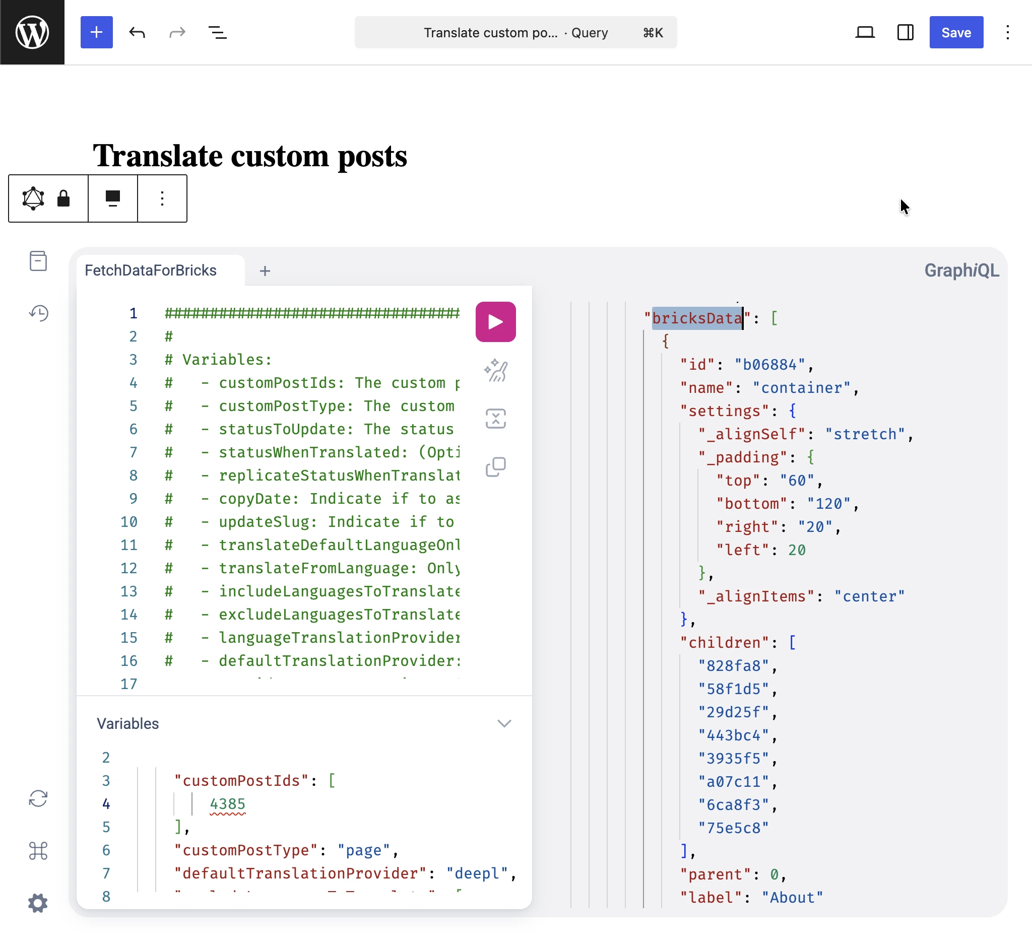 Kiểm tra bricksData trong phản hồi GraphQL của Translate custom posts