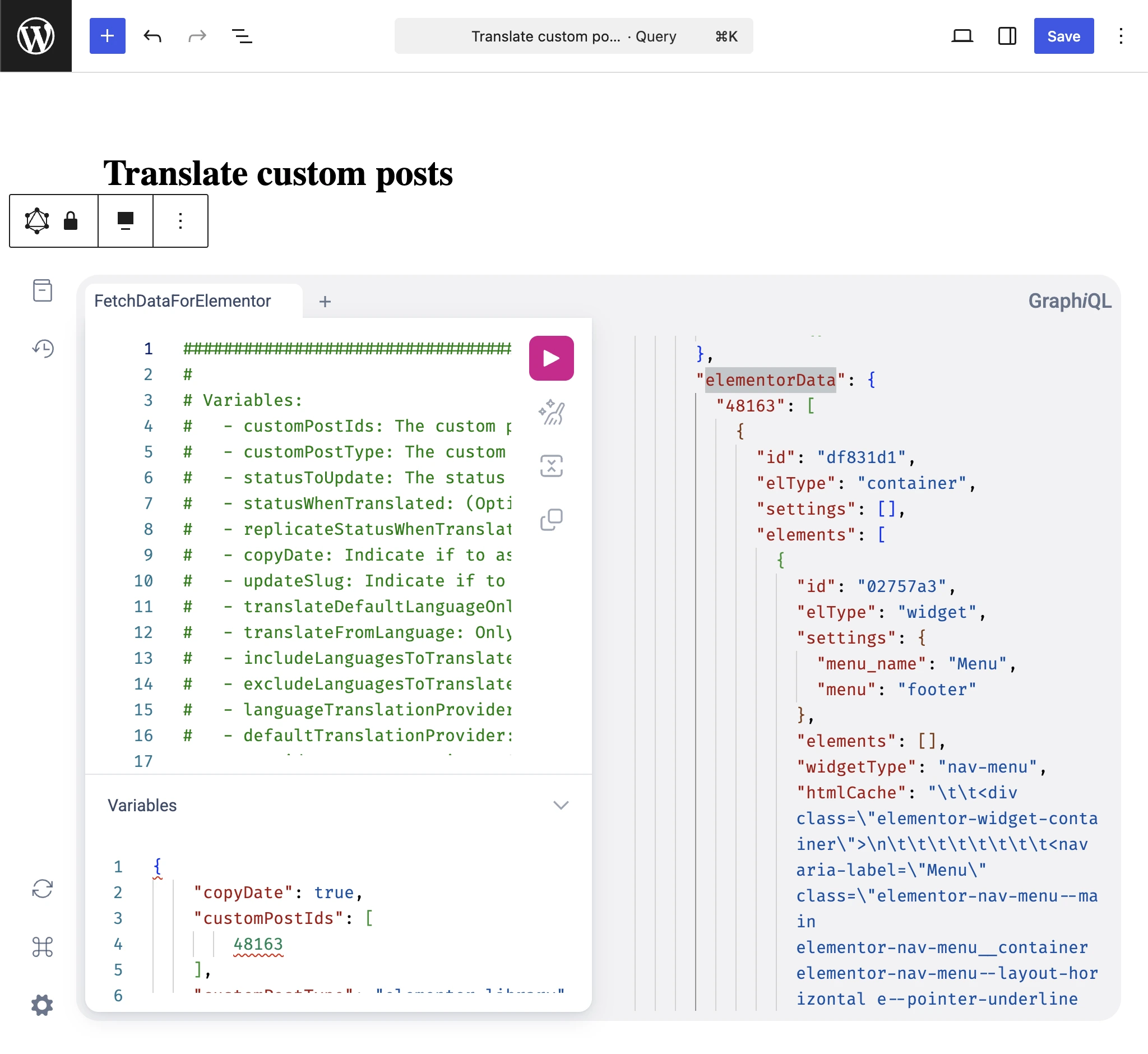 Kiểm tra elementorData trong phản hồi GraphQL của Translate custom posts