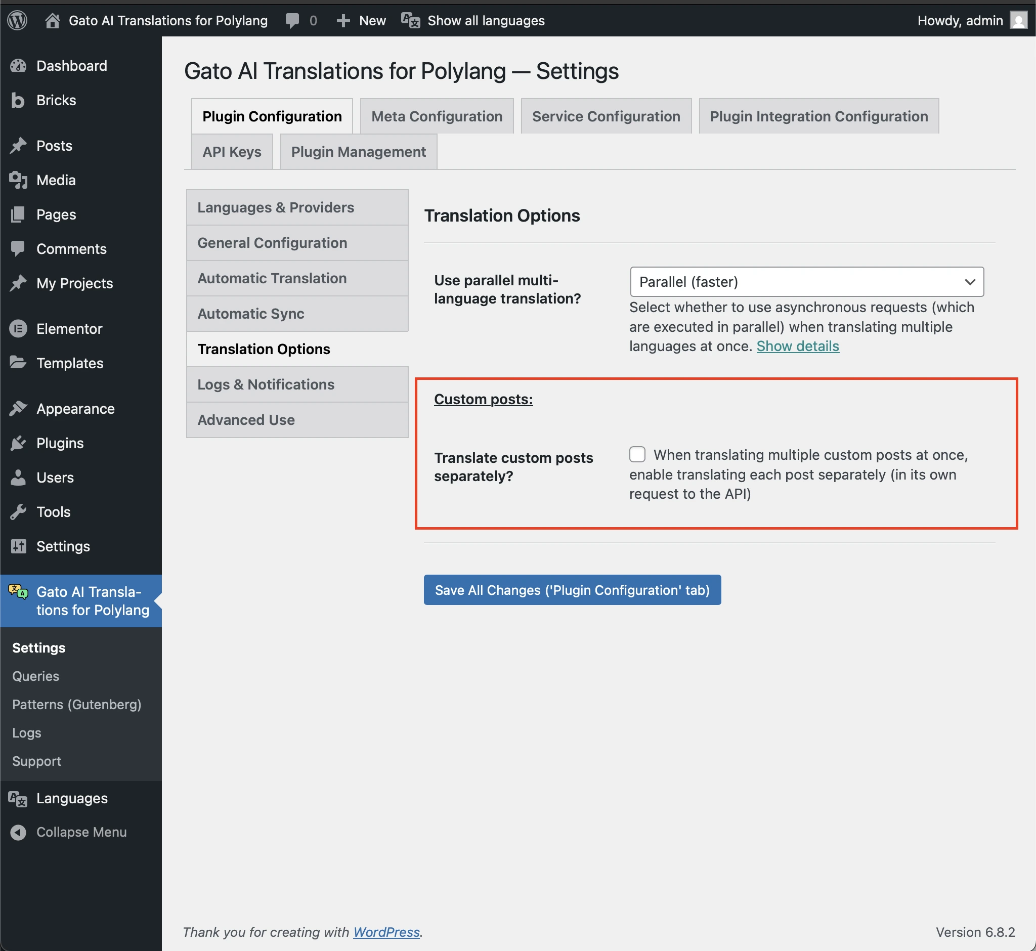 Tùy chọn 'Translate custom posts separately?' trong Cài đặt