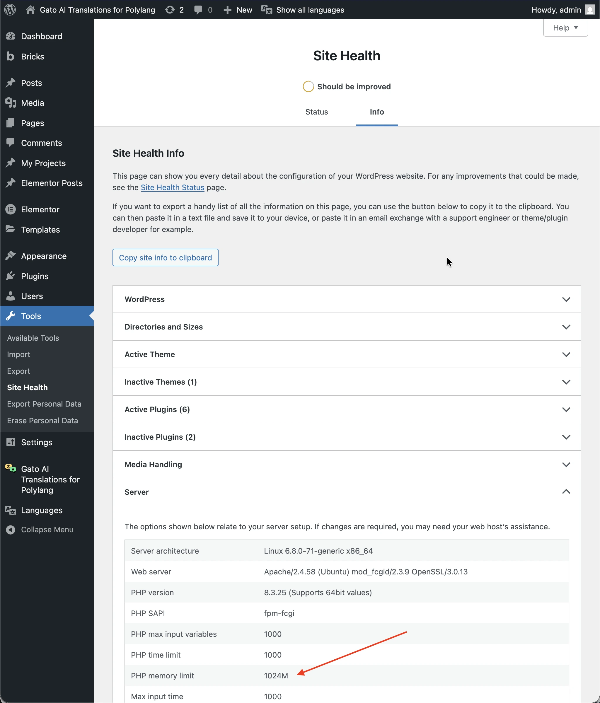 Kiểm tra giới hạn bộ nhớ PHP trong Tình trạng trang web WordPress