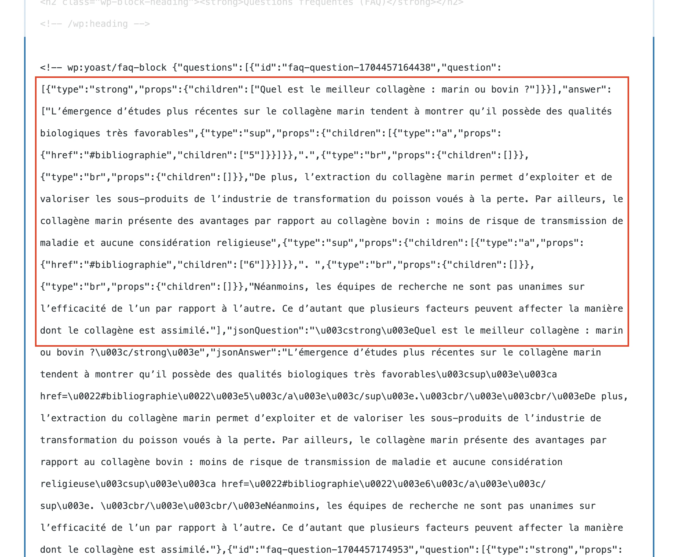 Mã nguồn cho khối Yoast FAQ với thẻ HTML