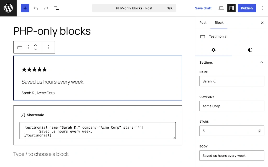 Ví dụ block WordPress tùy chỉnh được tạo chỉ với PHP