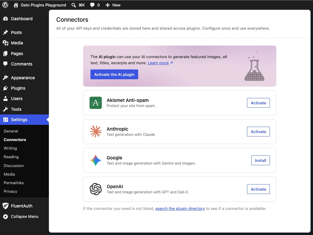 Màn hình quản trị WordPress AI Connectors